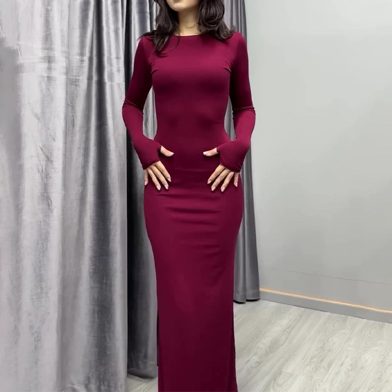 Long-sleeve fitted maxi dress, solid burgundy, crew neck, straight long silhouette