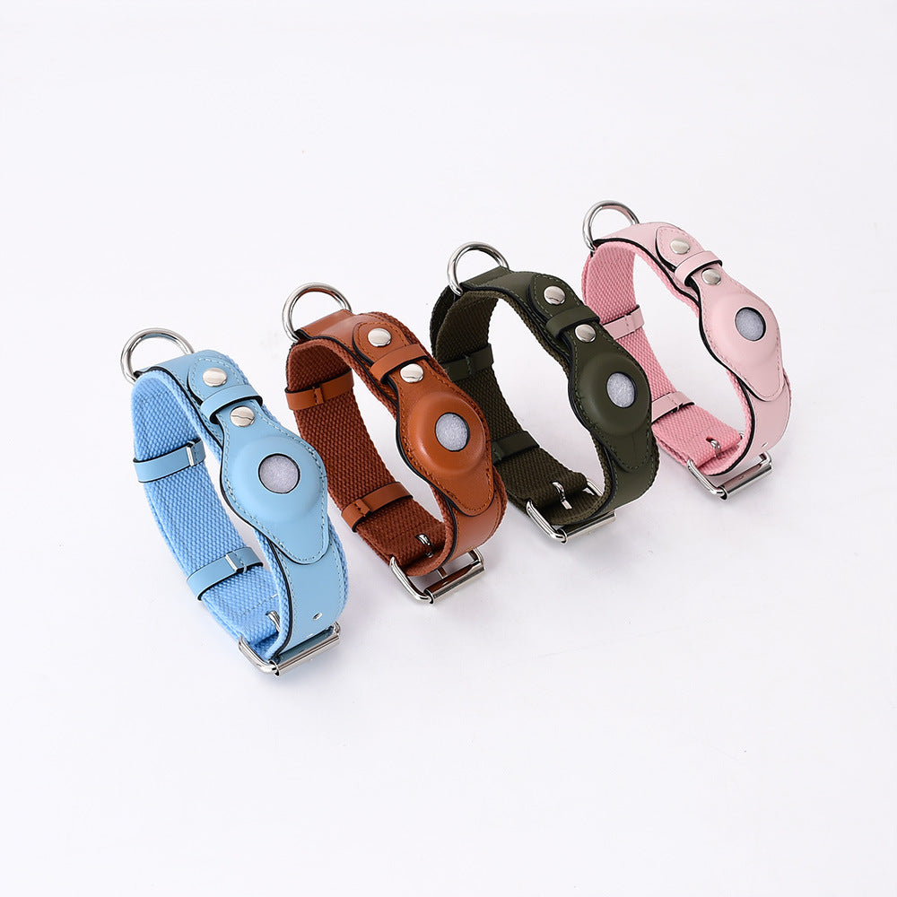 Set of leather pet collar trackers with protective pouch in blue, brown, green, and pink