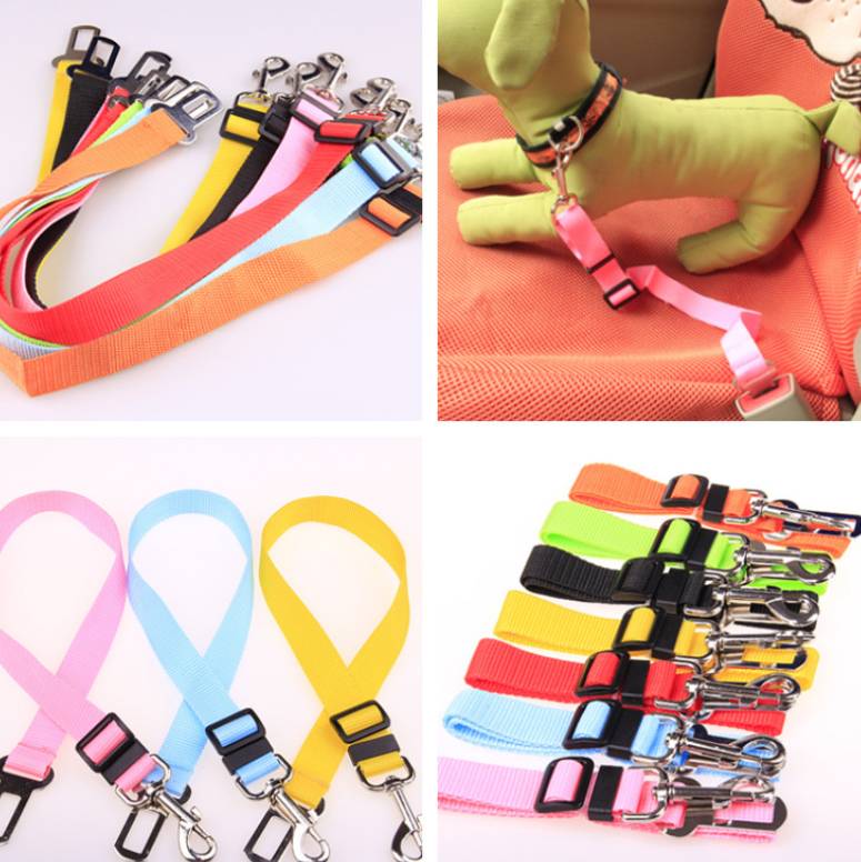 Assorted adjustable dog car seat belt straps with metal hooks and buckles