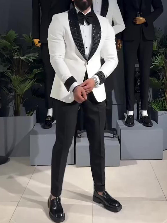 Dazzle in Style: White Tuxedo Jacket with Striking Black Sequin Lapel