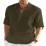 Men's cotton-linen long-sleeve shirt, dark olive stand collar and button placket
