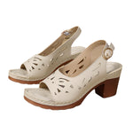 Beige peep-toe platform sandals with geometric cutouts and round buckle mid heel