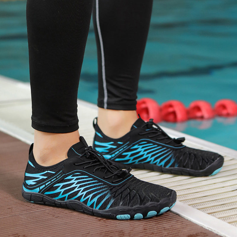Black water shoes with blue patterned accents and lace-up front, close-up view.