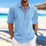 Men's loose pullover shirt, light blue, button-front V-neck, rolled sleeves