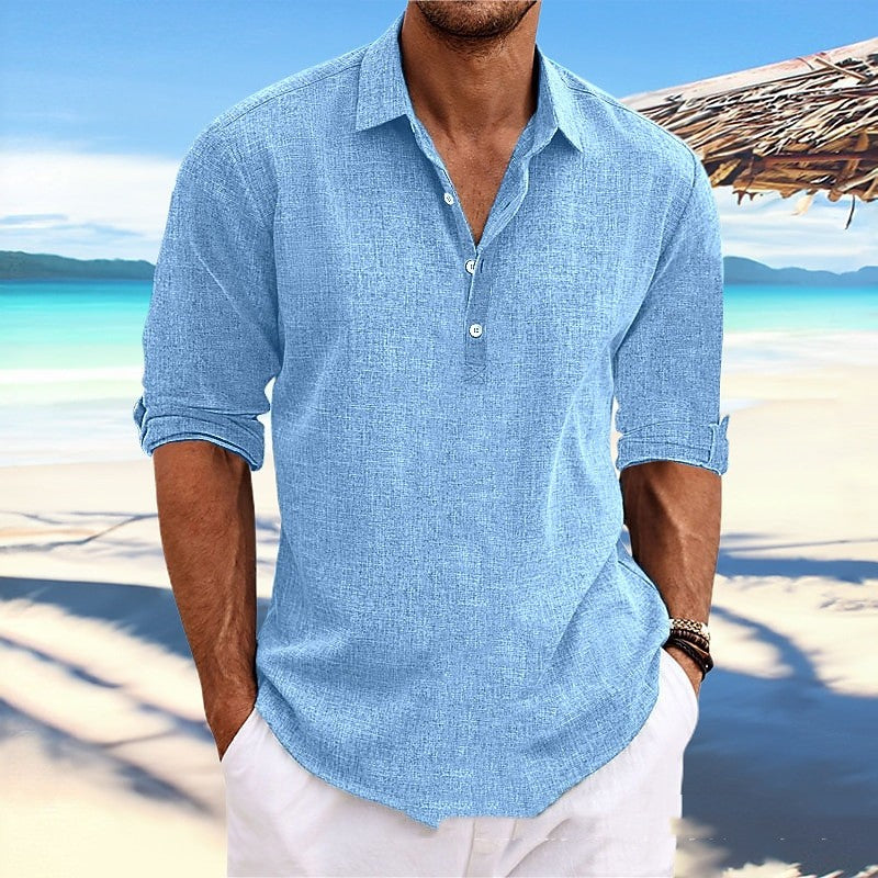 Men's loose pullover shirt, light blue, button-front V-neck, rolled sleeves