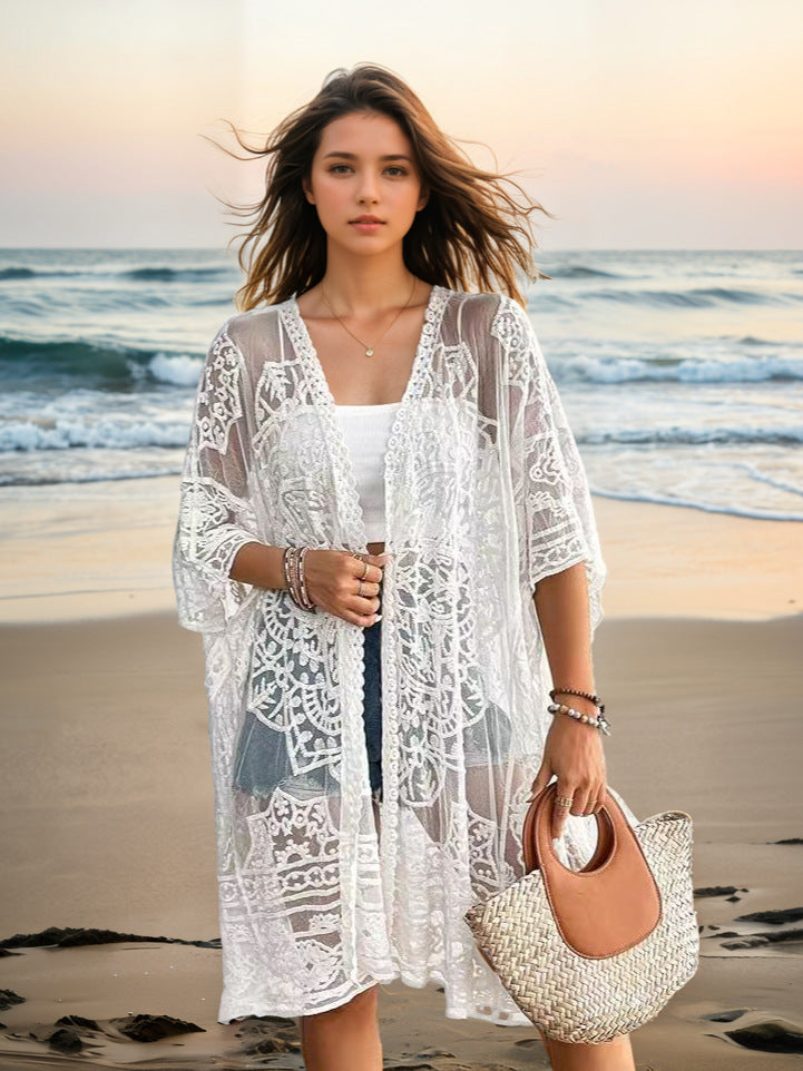 Women's sheer lace embroidered cardigan, loose long fit, open front, white
