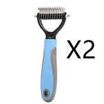 Pet dematting brush with light blue handle and stainless steel pin comb