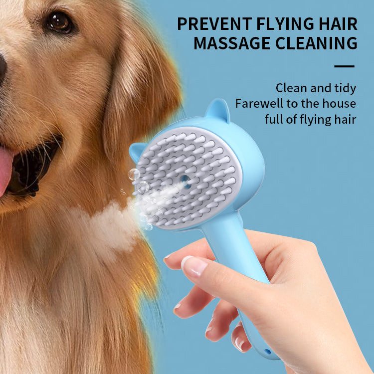 Blue self-cleaning pet grooming mist brush showing bristle pad for massaging hair