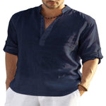 Men's cotton-linen stand-collar button shirt, dark navy blue, short sleeves