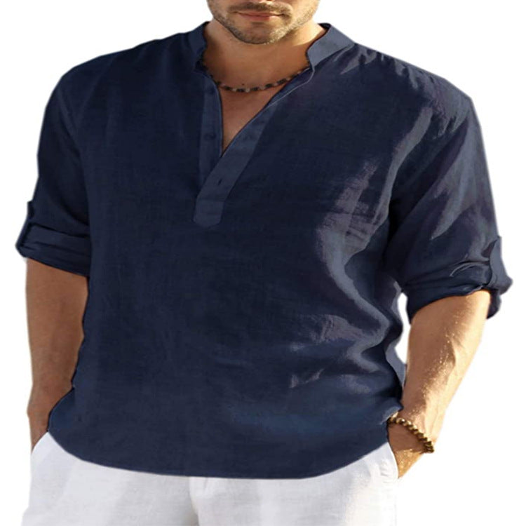 Men's cotton-linen stand-collar button shirt, dark navy blue, short sleeves