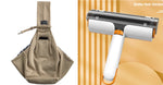 Pet hair removal roller with beige storage bag, white handle and orange grip, dark drum