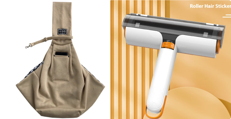 Pet hair removal roller with beige storage bag, white handle and orange grip, dark drum