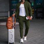 Men's zip-up long sleeve jacket and drawstring sweatpants set in olive green, tapered legs