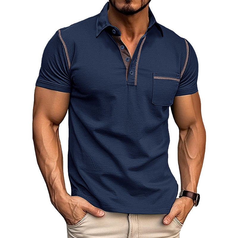 Blue henley polo T-shirt with short sleeves, buttoned placket and chest pocket