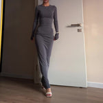 Long-sleeve bodycon maxi dress, solid dark gray, crew neck, fitted sleeves