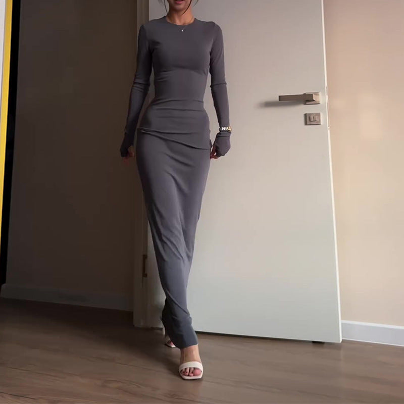 Long-sleeve bodycon maxi dress, solid dark gray, crew neck, fitted sleeves