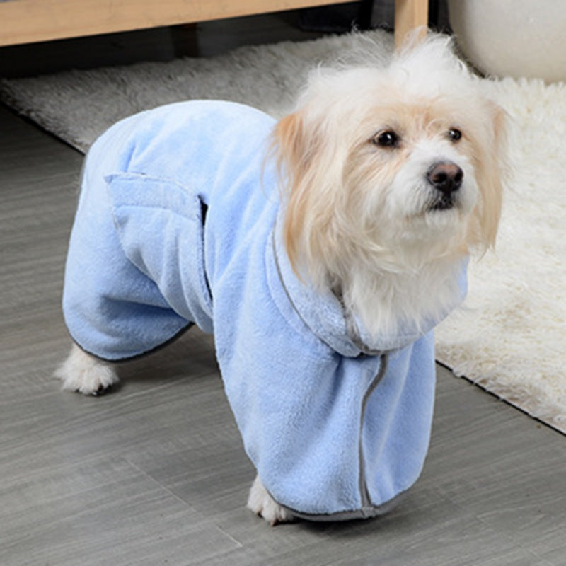 Pet microfiber absorbent towel bathrobe, light blue with dark trim and wrap sleeves