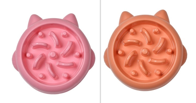 Slow feeder pet bowl set with cat-face lids, pink and orange, raised anti-gulp bumps