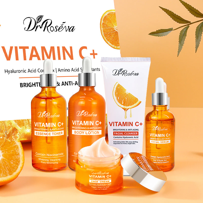 Vitamin C+ skincare kit bottles and cream jar with face cleanser tube and serum