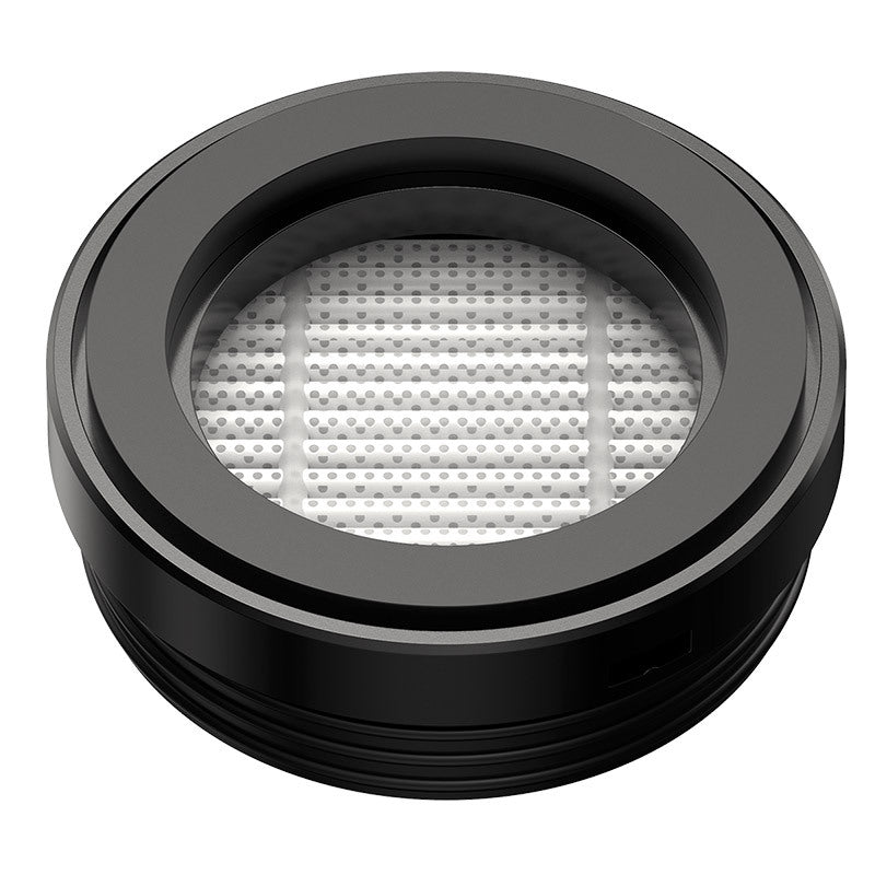 HEPA filter element inside a black vacuum filter housing