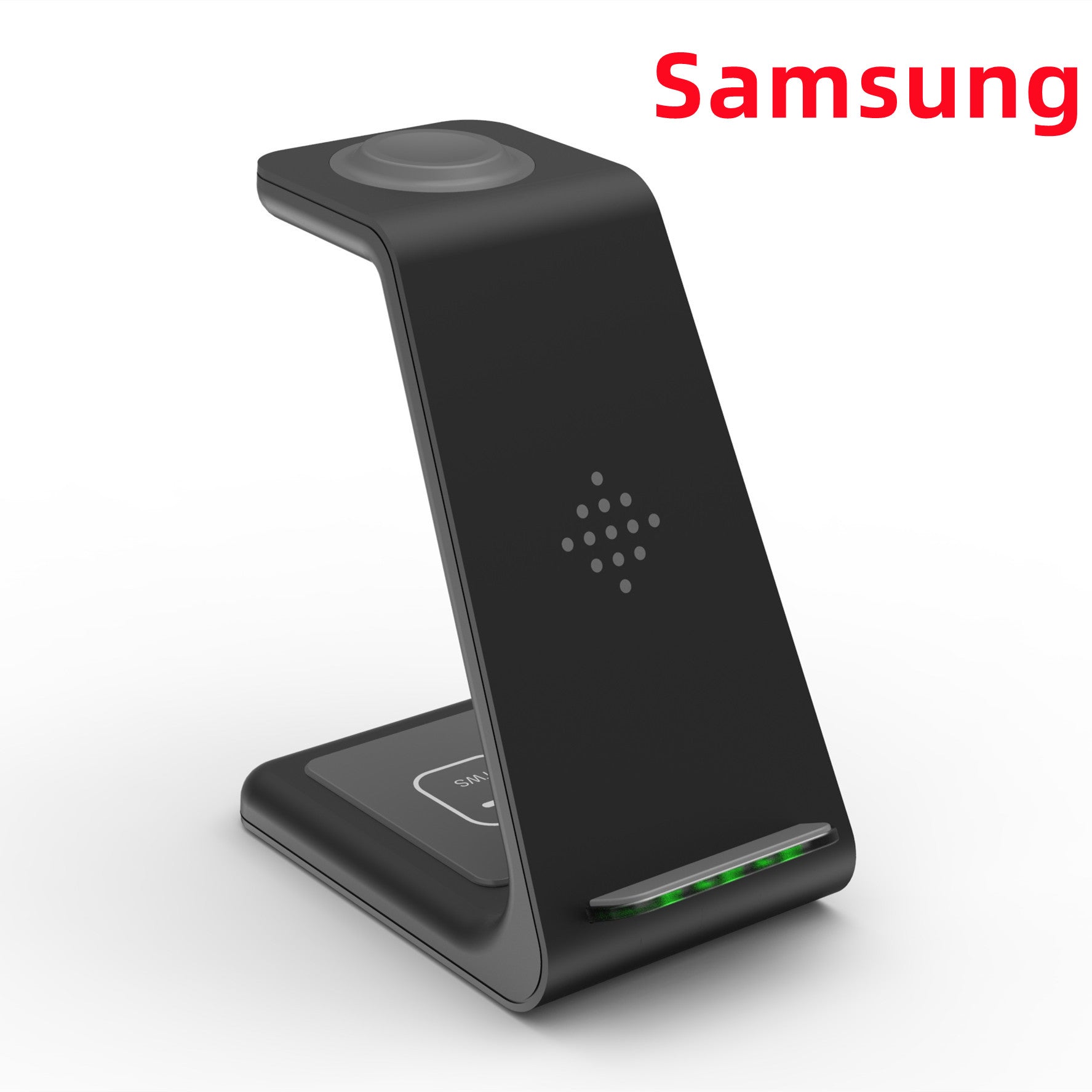 Black wireless charging stand with vertical charging slot and illuminated indicator light