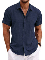 Navy blue men’s linen-style stand collar short sleeve t-shirt with button front