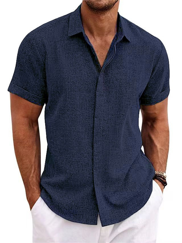 Navy blue men’s linen-style stand collar short sleeve t-shirt with button front