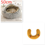 50cm gray round plush pet bed nest with mustard yellow U-shaped bolster cushion