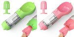 Portable pet water bottle feeders in lime and pink with transparent tubes and pink waste bag