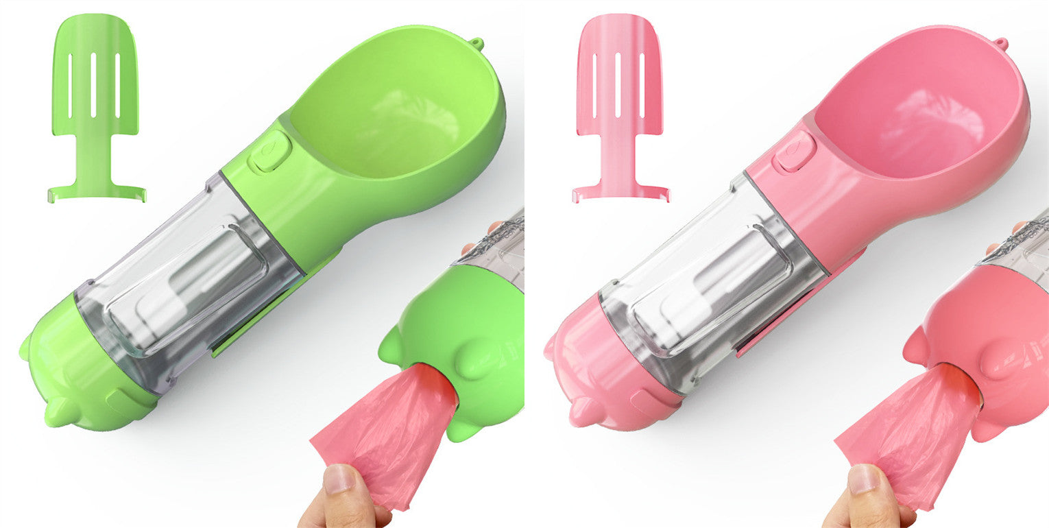 Portable pet water bottle feeders in lime and pink with transparent tubes and pink waste bag