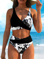 Black and white floral wrap bikini set with high-waist bottoms