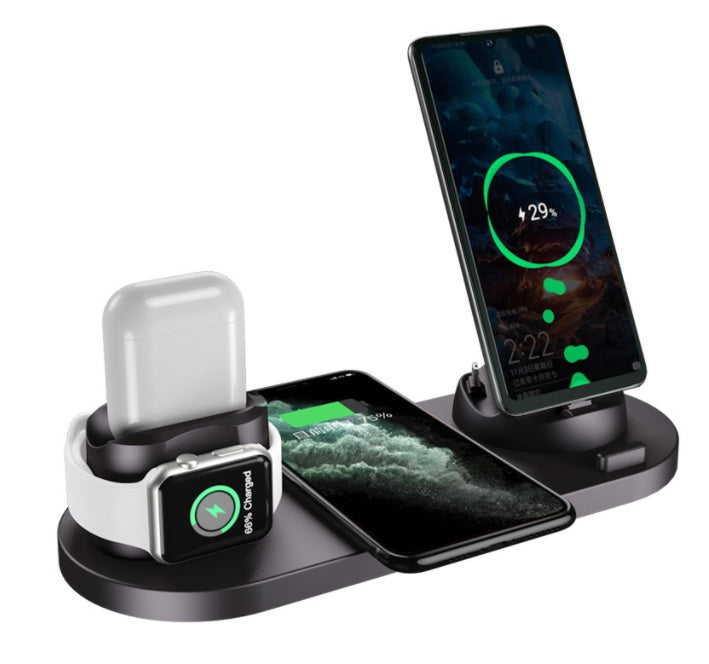 Wireless charging dock station with white earbuds, smartwatch, phone, and wireless charging pad