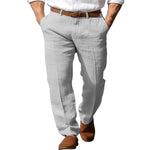 Men's linen straight trousers, light gray with button fly and belt loops