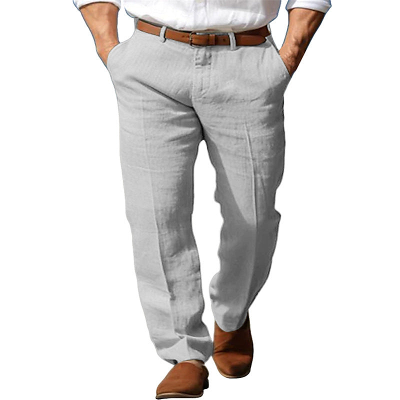 Men's linen straight trousers, light gray with button fly and belt loops