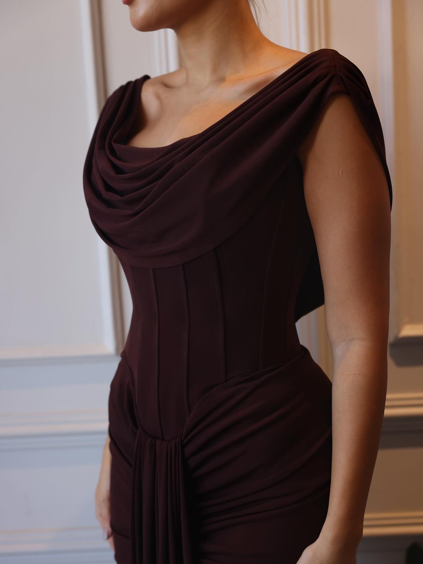 Sleeveless maxi dress bodice with draped cowl neckline and ruched waist detail