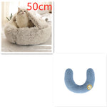 Round plush pet bed, light gray with U-shaped cat insert in blue, 50cm