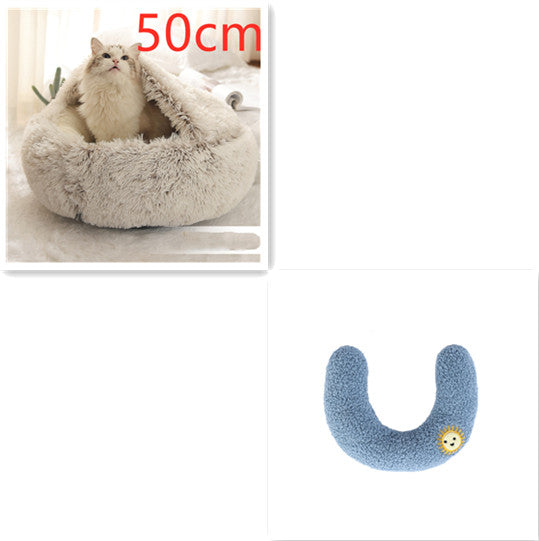 Round plush pet bed, light gray with U-shaped cat insert in blue, 50cm