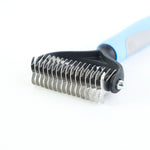 Pet dematting brush head with dense metal pins and light blue handle