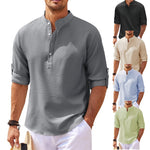Men's textured stand-collar shirt, dark gray, short sleeves, button placket