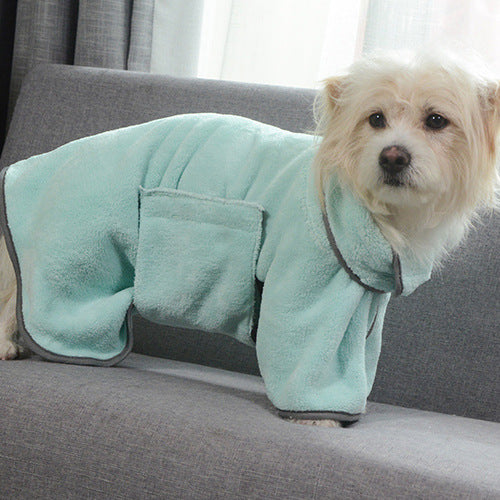 Mint-green microfiber pet bathrobe with hood, dog on a couch