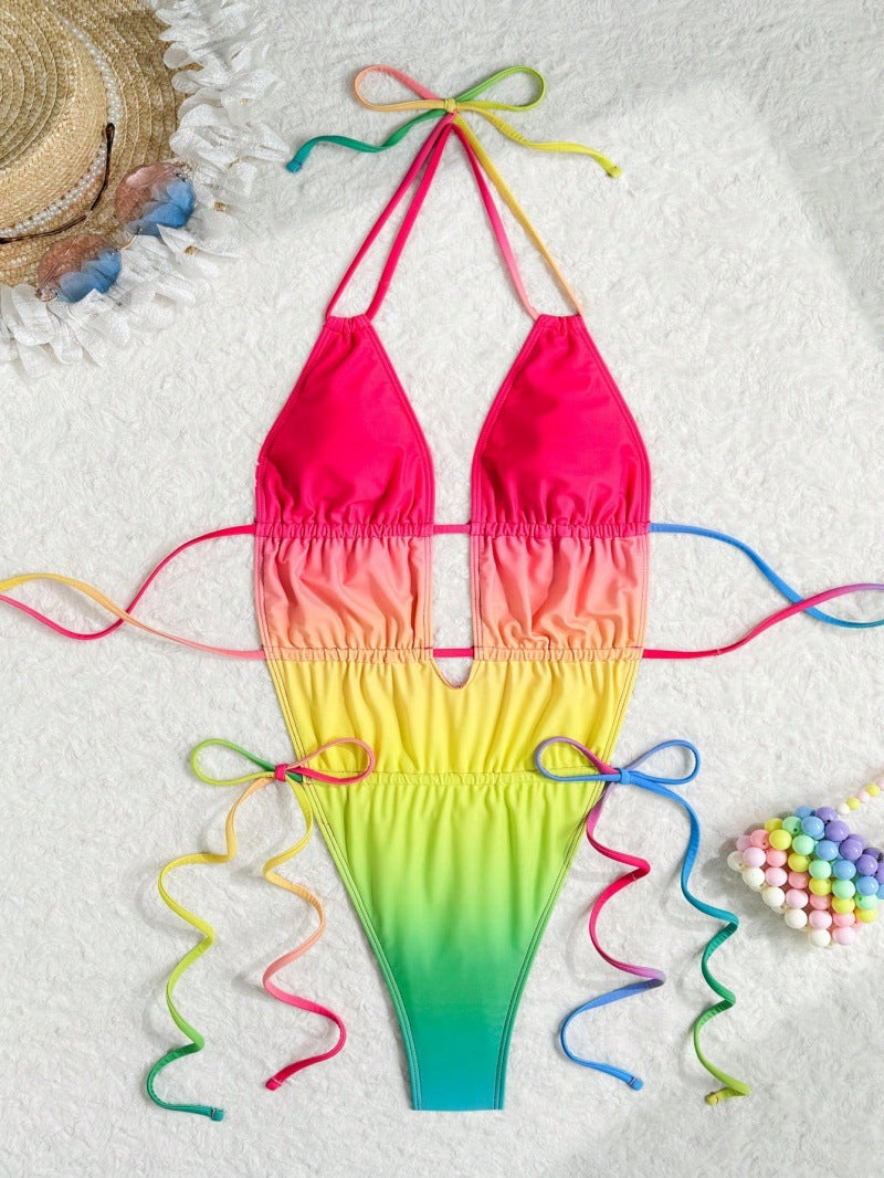 Ruched one-piece bikini swimsuit front with halter cups and yellow-green gradient, side ties
