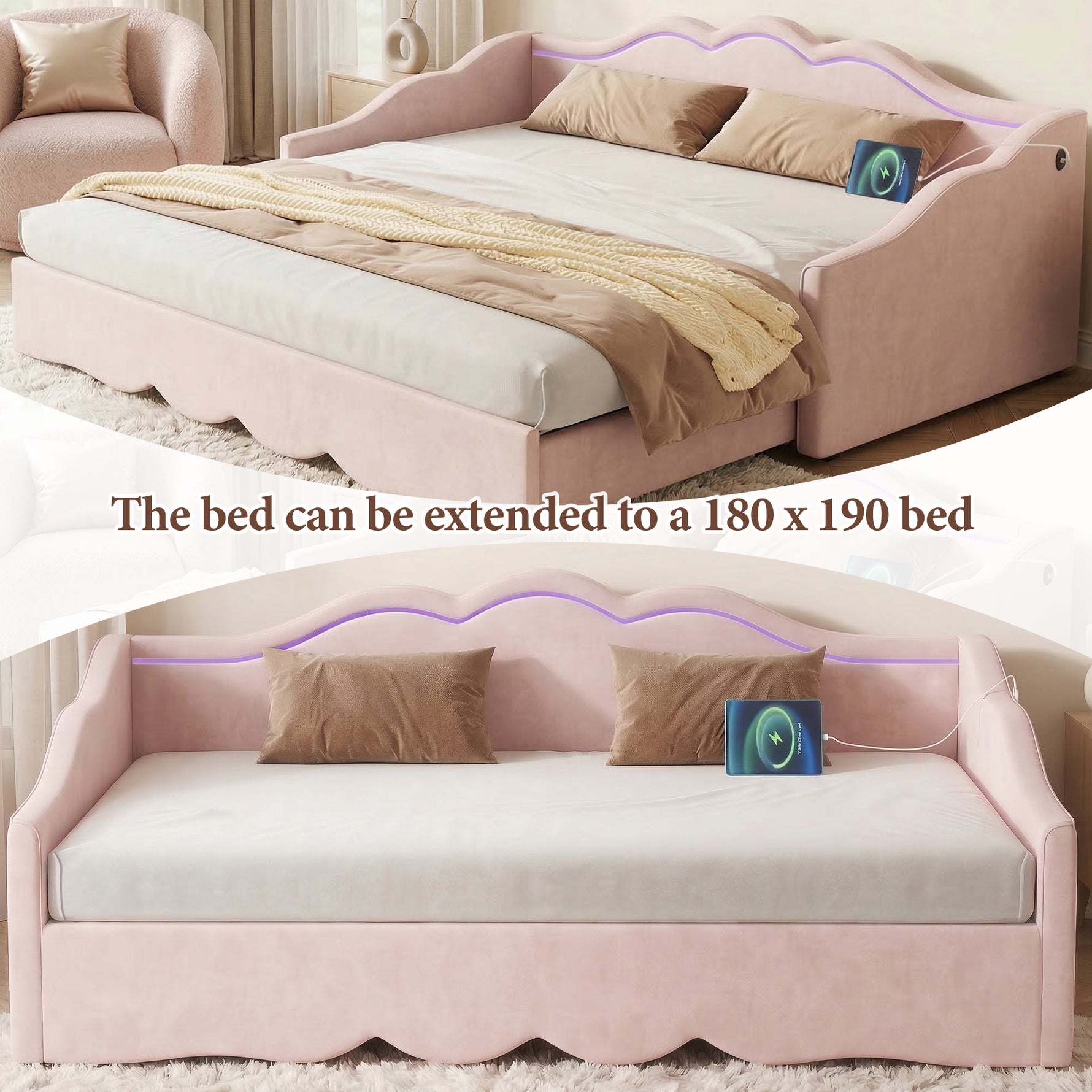 Upholstered Daybed, Sofa Bed, 90x190 Cm, Extendable To 180 Cm, With LED Lighting And USB Port, Pink Velvet