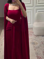 Burgundy Square-Neck Cape Maxi Dress – Elegant Regular Fit
