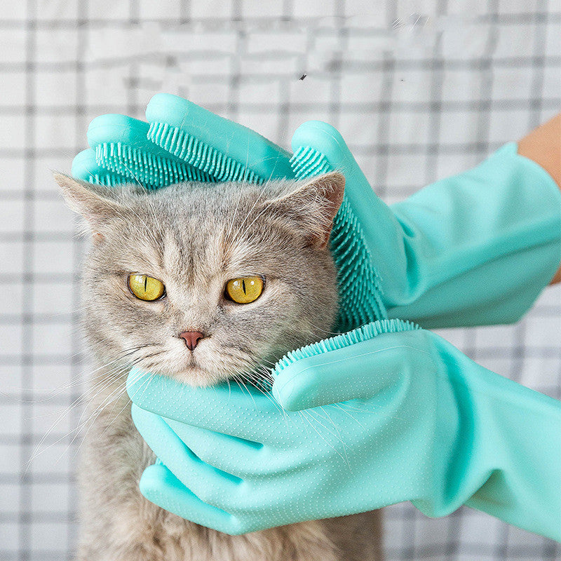 Silicone pet grooming brush glove with finger bristles, teal
