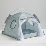 Enclosed cat tent bed, teal fabric with small dots, sheer mesh door and oval appliques