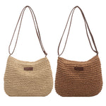 Woven straw shoulder bags with dark brown trim and short shoulder straps, two color options