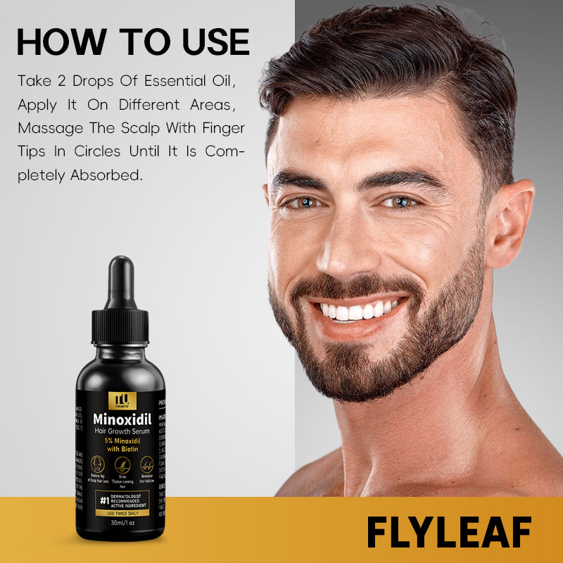 Minoxidil hair growth serum bottle beside a man for use instructions