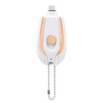 White and orange keychain power pod charger with bead chain, round front button and LED