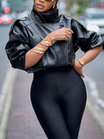 Lychee Grain Faux Leather Puff Sleeve Cropped Jacket - Stand Out in Style!