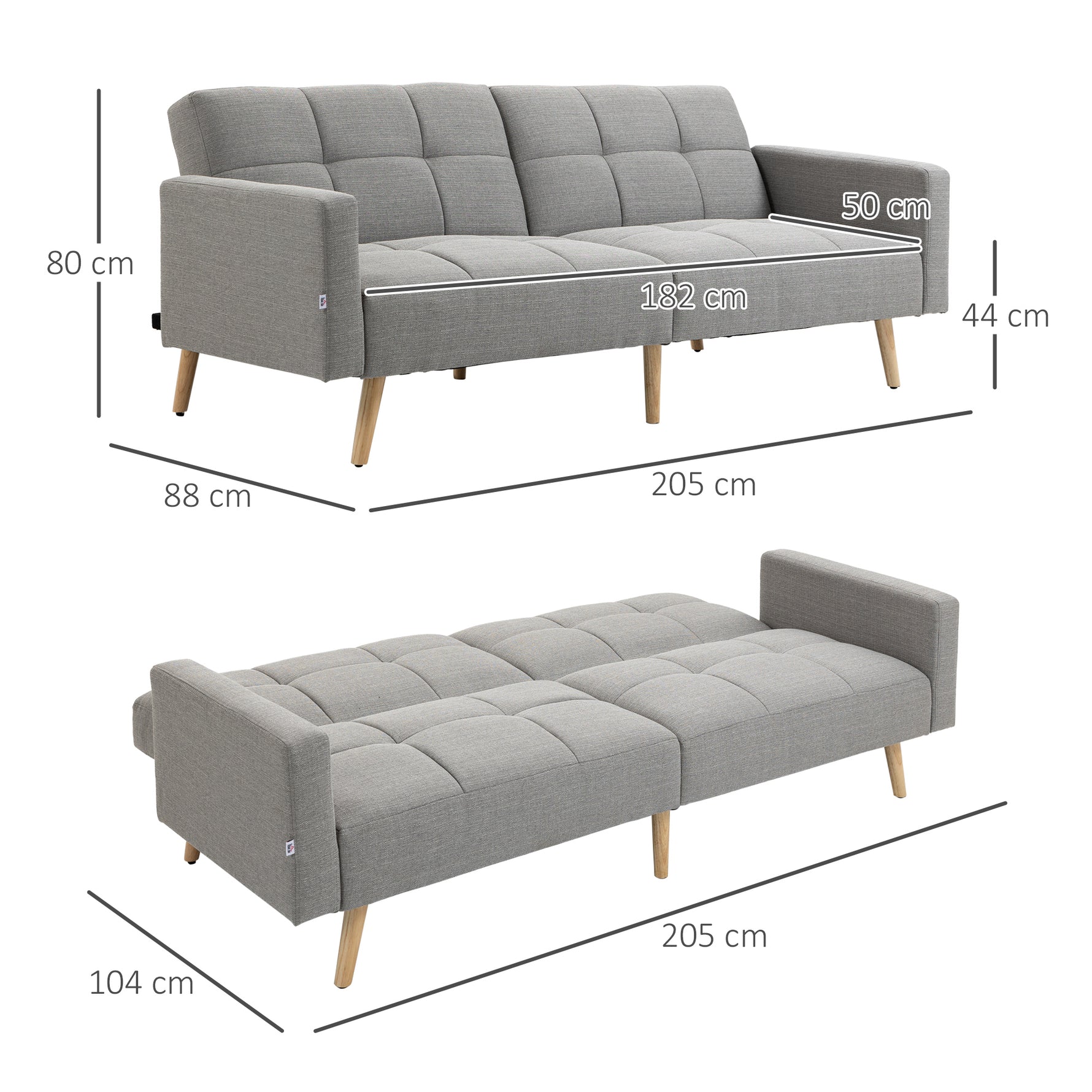 2-in-1 Convertible Sofa Bed 205x88cm – Linen-Look Grey Couch, Space-Saving Design